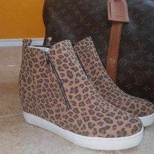 Leopard Wedge High Top Bootie Side Zipper Shoes